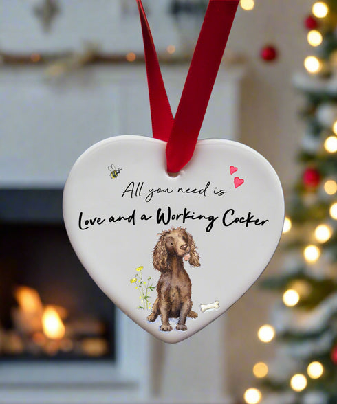 Love and a Cocker (Working) Liver Ceramic Heart
